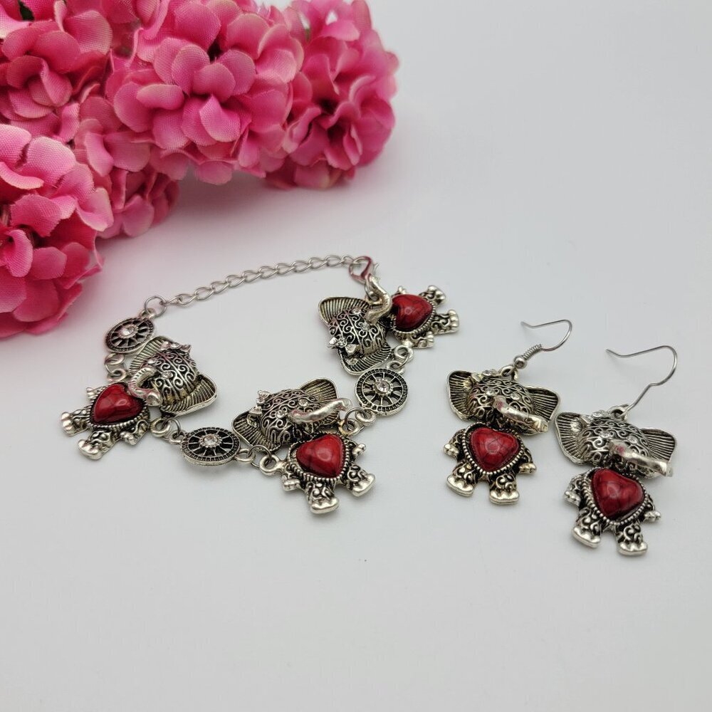 Silver Tone Red Stone Heart Elephant Chain Link Bracelet And Earrings Set 6.5"
